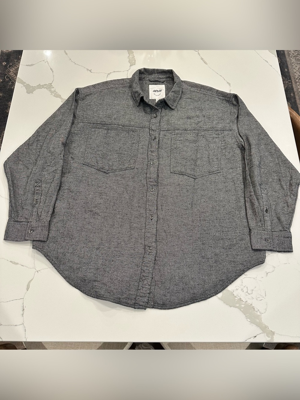 Aerie Anytime Fave Twill Flannel Shirt Gray Women’s L Oversized Button Up Soft